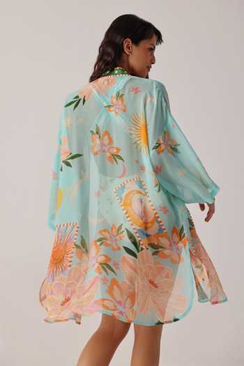 NOIB Blue Viscose Georgette V-neck Sia Azure Kimono Coverup Online at Aza Fashions NOIB_Blue Viscose Georgette V-neck Sia Azure Kimono Coverup _Online_at_Aza_Fashions