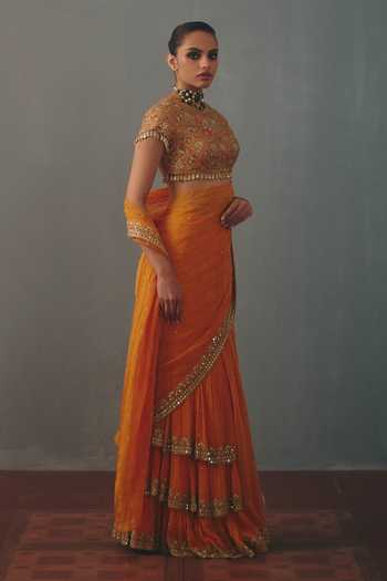 Shop Arpita Mehta Orange Georgette, Net Round Neck Hand Embroidered Pre-draped Saree With Blouse Online at Aza Fashions Shop_Arpita Mehta_Orange Georgette, Net Round Neck Hand Embroidered Pre-draped Saree With Blouse _Online_at_Aza_Fashions