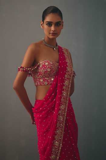 Arpita Mehta Pink Georgette Sweetheart Neck, Border Embroidered Pre-draped Saree With Blouse Online at Aza Fashions Arpita Mehta_Pink Georgette Sweetheart Neck, Border Embroidered Pre-draped Saree With Blouse _Online_at_Aza_Fashions