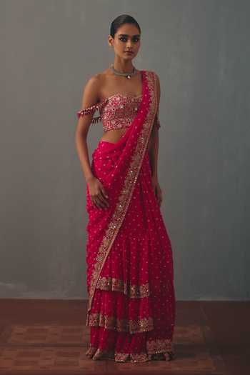 Buy Arpita Mehta Pink Georgette Sweetheart Neck, Border Embroidered Pre-draped Saree With Blouse Online at Aza Fashions Buy_Arpita Mehta_Pink Georgette Sweetheart Neck, Border Embroidered Pre-draped Saree With Blouse _Online_at_Aza_Fashions