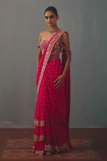 Shop Arpita Mehta Pink Georgette Sweetheart Neck, Border Embroidered Pre-draped Saree With Blouse Online at Aza Fashions Shop_Arpita Mehta_Pink Georgette Sweetheart Neck, Border Embroidered Pre-draped Saree With Blouse _Online_at_Aza_Fashions