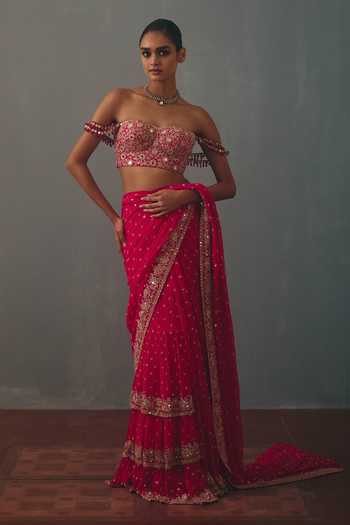 Arpita Mehta Pink Georgette Sweetheart Neck, Border Embroidered Pre-draped Saree With Blouse at Aza Fashions Arpita Mehta_Pink Georgette Sweetheart Neck, Border Embroidered Pre-draped Saree With Blouse _at_Aza_Fashions