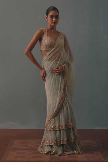 Arpita Mehta_Blue Net Sweetheart Neck Hand Embroidered Pre-draped Saree With Blouse _Online_at_Aza_Fashions