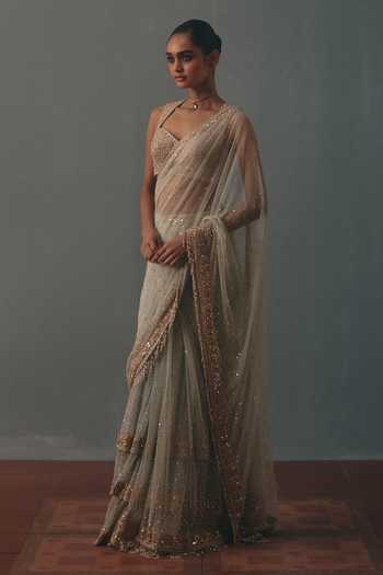 Buy_Arpita Mehta_Blue Net Sweetheart Neck Hand Embroidered Pre-draped Saree With Blouse _Online_at_Aza_Fashions