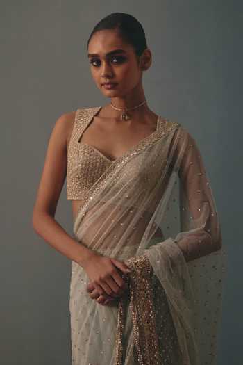 Shop_Arpita Mehta_Blue Net Sweetheart Neck Hand Embroidered Pre-draped Saree With Blouse _Online_at_Aza_Fashions