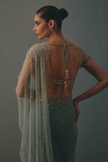 Arpita Mehta Blue Net V-neck Hand Embroidered Pre-draped Saree With Blouse Online at Aza Fashions Arpita Mehta_Blue Net V-neck Hand Embroidered Pre-draped Saree With Blouse _Online_at_Aza_Fashions