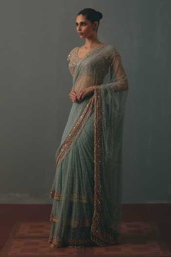 Buy Arpita Mehta Blue Net V-neck Hand Embroidered Pre-draped Saree With Blouse Online at Aza Fashions Buy_Arpita Mehta_Blue Net V-neck Hand Embroidered Pre-draped Saree With Blouse _Online_at_Aza_Fashions