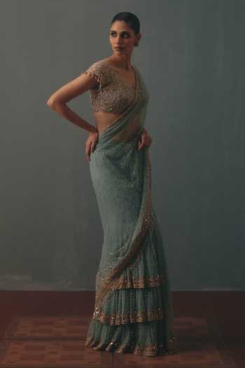 Shop Arpita Mehta Blue Net V-neck Hand Embroidered Pre-draped Saree With Blouse Online at Aza Fashions Shop_Arpita Mehta_Blue Net V-neck Hand Embroidered Pre-draped Saree With Blouse _Online_at_Aza_Fashions