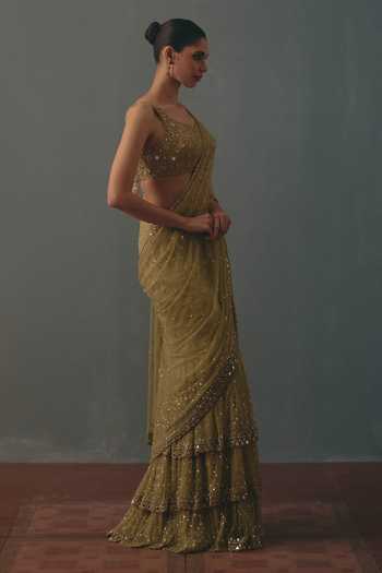 Arpita Mehta Green Net Scoop Neck Pre-draped Saree With Embroidered Blouse Online at Aza Fashions Arpita Mehta_Green Net Scoop Neck Pre-draped Saree With Embroidered Blouse _Online_at_Aza_Fashions