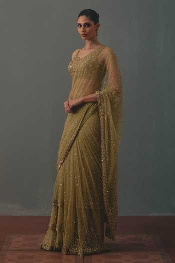 Buy Arpita Mehta Green Net Scoop Neck Pre-draped Saree With Embroidered Blouse Online at Aza Fashions Buy_Arpita Mehta_Green Net Scoop Neck Pre-draped Saree With Embroidered Blouse _Online_at_Aza_Fashions
