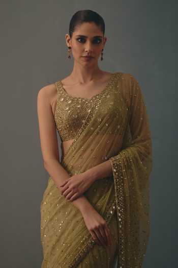Shop Arpita Mehta Green Net Scoop Neck Pre-draped Saree With Embroidered Blouse Online at Aza Fashions Shop_Arpita Mehta_Green Net Scoop Neck Pre-draped Saree With Embroidered Blouse _Online_at_Aza_Fashions