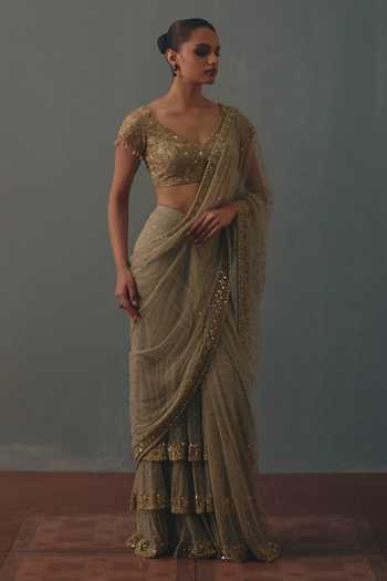 Buy_Arpita Mehta_Green Net V-neck Hand Embroidered Pre-draped Saree And Blouse Set _Online_at_Aza_Fashions