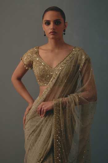Shop_Arpita Mehta_Green Net V-neck Hand Embroidered Pre-draped Saree And Blouse Set _Online_at_Aza_Fashions