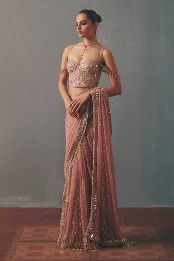 Arpita Mehta_Purple Net Sequins, Stones, Hand Embroidered Corset With Pre-draped Saree _Online_at_Aza_Fashions