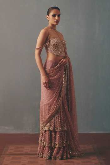 Buy_Arpita Mehta_Purple Net Sequins, Stones, Hand Embroidered Corset With Pre-draped Saree _Online_at_Aza_Fashions