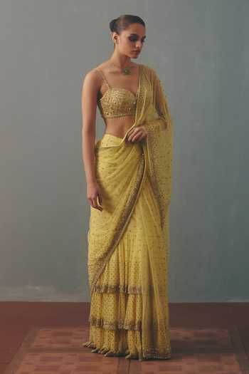 Arpita Mehta Yellow Net Sweetheart Neck Mirror Work Pre-draped Saree With Blouse Online at Aza Fashions Arpita Mehta_Yellow Net Sweetheart Neck Mirror Work Pre-draped Saree With Blouse _Online_at_Aza_Fashions