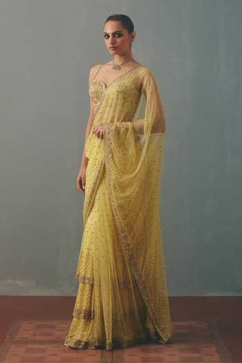Buy Arpita Mehta Yellow Net Sweetheart Neck Mirror Work Pre-draped Saree With Blouse Online at Aza Fashions Buy_Arpita Mehta_Yellow Net Sweetheart Neck Mirror Work Pre-draped Saree With Blouse _Online_at_Aza_Fashions
