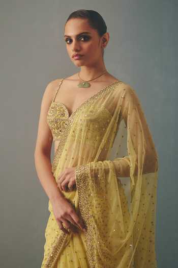 Shop Arpita Mehta Yellow Net Sweetheart Neck Mirror Work Pre-draped Saree With Blouse Online at Aza Fashions Shop_Arpita Mehta_Yellow Net Sweetheart Neck Mirror Work Pre-draped Saree With Blouse _Online_at_Aza_Fashions