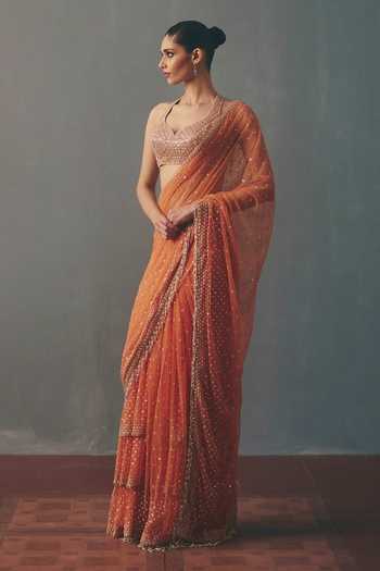 Arpita Mehta_Peach Net Halter Neck Embroidered Pre-draped Saree And Blouse Set _Online_at_Aza_Fashions