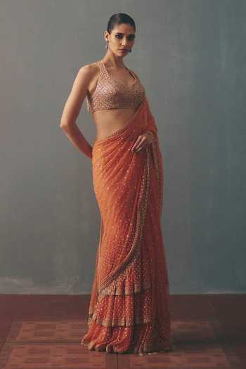 Buy_Arpita Mehta_Peach Net Halter Neck Embroidered Pre-draped Saree And Blouse Set _Online_at_Aza_Fashions