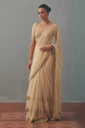 Arpita Mehta Cream Net Square Neck Hand Embroidered Ruffle Pre-draped Saree With Blouse Online at Aza Fashions Arpita Mehta_Cream Net Square Neck Hand Embroidered Ruffle Pre-draped Saree With Blouse _Online_at_Aza_Fashions