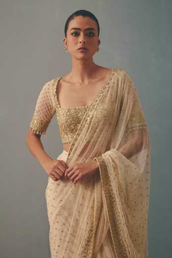 Buy Arpita Mehta Cream Net Square Neck Hand Embroidered Ruffle Pre-draped Saree With Blouse Online at Aza Fashions Buy_Arpita Mehta_Cream Net Square Neck Hand Embroidered Ruffle Pre-draped Saree With Blouse _Online_at_Aza_Fashions