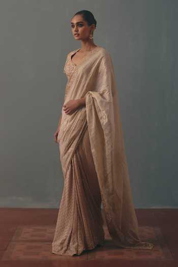 Arpita Mehta Off White Silk, Georgette, Hand Embroidered Pre-draped Saree And Blouse Set Online at Aza Fashions Arpita Mehta_Off White Silk, Georgette, Hand Embroidered Pre-draped Saree And Blouse Set _Online_at_Aza_Fashions