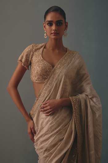 Buy Arpita Mehta Off White Silk, Georgette, Hand Embroidered Pre-draped Saree And Blouse Set Online at Aza Fashions Buy_Arpita Mehta_Off White Silk, Georgette, Hand Embroidered Pre-draped Saree And Blouse Set _Online_at_Aza_Fashions