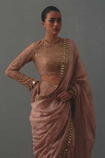 Arpita Mehta Pink Silk, Georgette, Tissue Round Neck Hand Embroidered Pre-draped Saree Set Online at Aza Fashions Arpita Mehta_Pink Silk, Georgette, Tissue Round Neck Hand Embroidered Pre-draped Saree Set _Online_at_Aza_Fashions