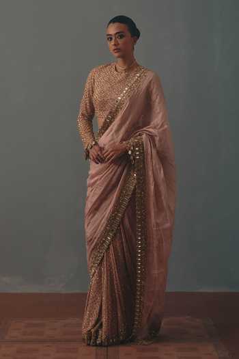 Buy Arpita Mehta Pink Silk, Georgette, Tissue Round Neck Hand Embroidered Pre-draped Saree Set Online at Aza Fashions Buy_Arpita Mehta_Pink Silk, Georgette, Tissue Round Neck Hand Embroidered Pre-draped Saree Set _Online_at_Aza_Fashions