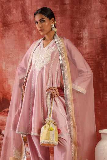 Shop Studio Rang by Swati Purple Chanderi Silk, Organza V-neck Shaam Gulabi Embroidered Anarkali Set Online at Aza Fashions Shop_Studio Rang by Swati_Purple Chanderi Silk, Organza V-neck Shaam Gulabi Embroidered Anarkali Set _Online_at_Aza_Fashions