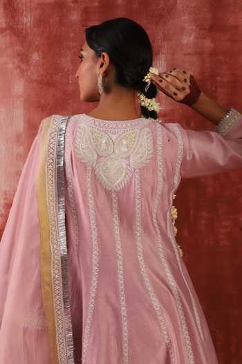 Studio Rang by Swati Purple Chanderi Silk, Organza V-neck Shaam Gulabi Embroidered Anarkali Set at Aza Fashions Studio Rang by Swati_Purple Chanderi Silk, Organza V-neck Shaam Gulabi Embroidered Anarkali Set _at_Aza_Fashions