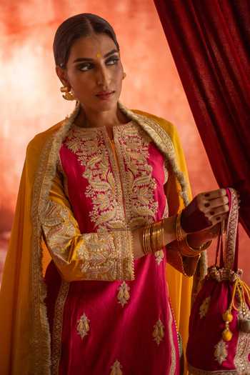 Shop_Studio Rang by Swati_Pink Chanderi Silk, Chiffon Split V-neck Pakeezah Embroidered Kurta Set _Online_at_Aza_Fashions