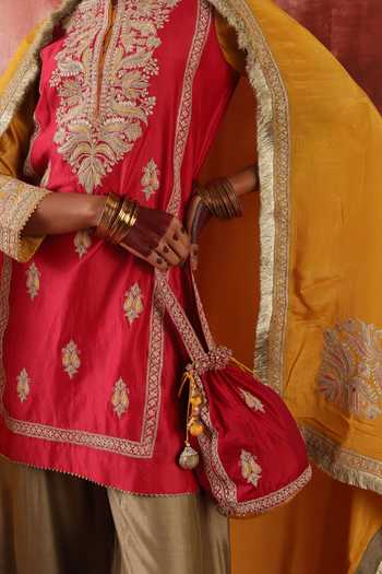 Studio Rang by Swati_Pink Chanderi Silk, Chiffon Split V-neck Pakeezah Embroidered Kurta Set _at_Aza_Fashions
