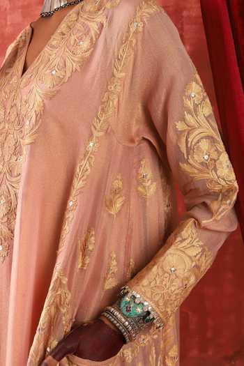 Shop Studio Rang by Swati Peach Chanderi, Tissue, Silk, Cotton Split Madhubala Choga Kurta And Pant Set Online at Aza Fashions Shop_Studio Rang by Swati_Peach Chanderi, Tissue, Silk, Cotton Split Madhubala Choga Kurta And Pant Set _Online_at_Aza_Fashions