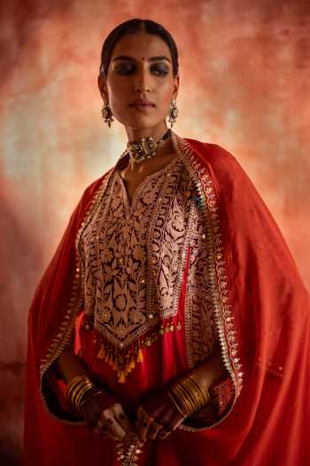 Studio Rang by Swati Red Silk, Chiffon Split V-neck, Yes Shaahi Ishq Embroidered Choga Kurta Set Online at Aza Fashions Studio Rang by Swati_Red Silk, Chiffon Split V-neck, Yes Shaahi Ishq Embroidered Choga Kurta Set _Online_at_Aza_Fashions