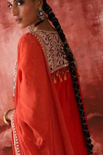 Buy Studio Rang by Swati Red Silk, Chiffon Split V-neck, Yes Shaahi Ishq Embroidered Choga Kurta Set Online at Aza Fashions Buy_Studio Rang by Swati_Red Silk, Chiffon Split V-neck, Yes Shaahi Ishq Embroidered Choga Kurta Set _Online_at_Aza_Fashions