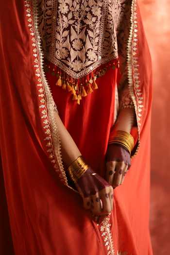 Buy Studio Rang by Swati Red Silk, Chiffon Split V-neck, Yes Shaahi Ishq Embroidered Choga Kurta Set Buy_Studio Rang by Swati_Red Silk, Chiffon Split V-neck, Yes Shaahi Ishq Embroidered Choga Kurta Set
