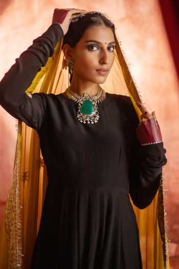 Studio Rang by Swati_Black Crepe, Chiffon Boat Neck Kaali Aankhein Anarkali Set _Online_at_Aza_Fashions