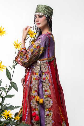 Buy Studio Rang by Swati Red , Chiffon, Chanderi Round Badamwari Embroidered Choga Kurta Set Buy_Studio Rang by Swati_Red , Chiffon, Chanderi Round Badamwari Embroidered Choga Kurta Set