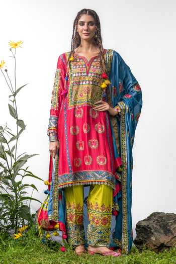 Shop_Studio Rang by Swati_Pink Chanderi Silk, Cotton, Chanderi, Chiffon Tulip Bagh Embroidered Kurta Set _Online_at_Aza_Fashions