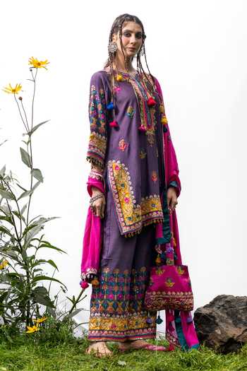 Studio Rang by Swati Purple Chanderi, Chiffon Round Neck, Yes Gojri Gul Embroidered Kurta Set Online at Aza Fashions Studio Rang by Swati_Purple Chanderi, Chiffon Round Neck, Yes Gojri Gul Embroidered Kurta Set _Online_at_Aza_Fashions