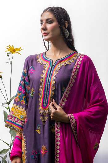 Shop Studio Rang by Swati Purple Chanderi, Chiffon Round Neck, Yes Gojri Gul Embroidered Kurta Set Online at Aza Fashions Shop_Studio Rang by Swati_Purple Chanderi, Chiffon Round Neck, Yes Gojri Gul Embroidered Kurta Set _Online_at_Aza_Fashions