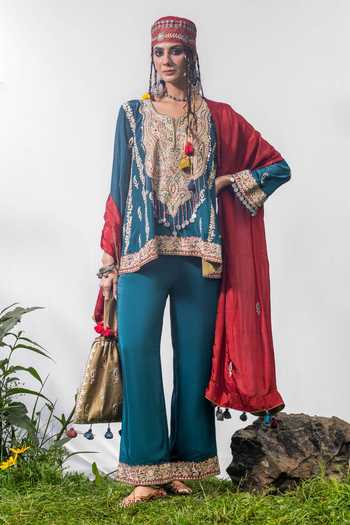 Buy Studio Rang by Swati Blue Crepe, Silk Vanvaasi Embroidered Kurta Set Online at Aza Fashions Buy_Studio Rang by Swati_Blue Crepe, Silk Vanvaasi Embroidered Kurta Set _Online_at_Aza_Fashions