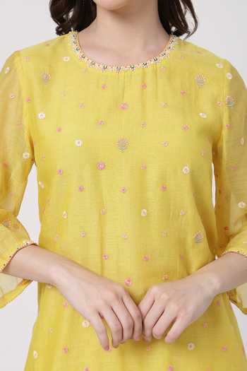 Shop_KAPAAS_Yellow Organza, Chanderi, Muslin (mulmul) Keyhole Neck Kesari Flared Pant Set _Online_at_Aza_Fashions