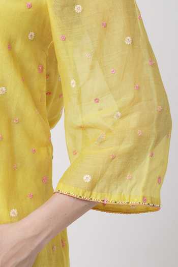 Shop_KAPAAS_Yellow Organza, Chanderi, Muslin (mulmul) Keyhole Neck Kesari Flared Pant Set 