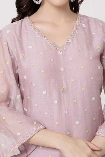 Buy_KAPAAS_Purple Organza, Chanderi V-neck Kamal V Kurta Set _Online_at_Aza_Fashions