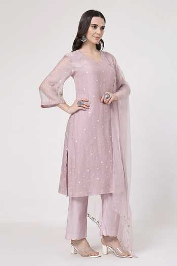 KAPAAS_Purple Organza, Chanderi V-neck Kamal V Kurta Set _at_Aza_Fashions