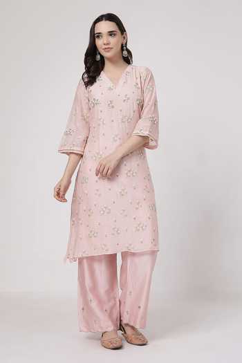 KAPAAS_Pink Organza, Chanderi V-neck Pankhudi V Kurta Set _Online_at_Aza_Fashions