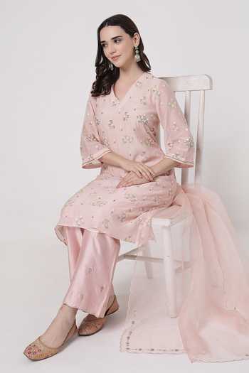 Shop_KAPAAS_Pink Organza, Chanderi V-neck Pankhudi V Kurta Set _Online_at_Aza_Fashions